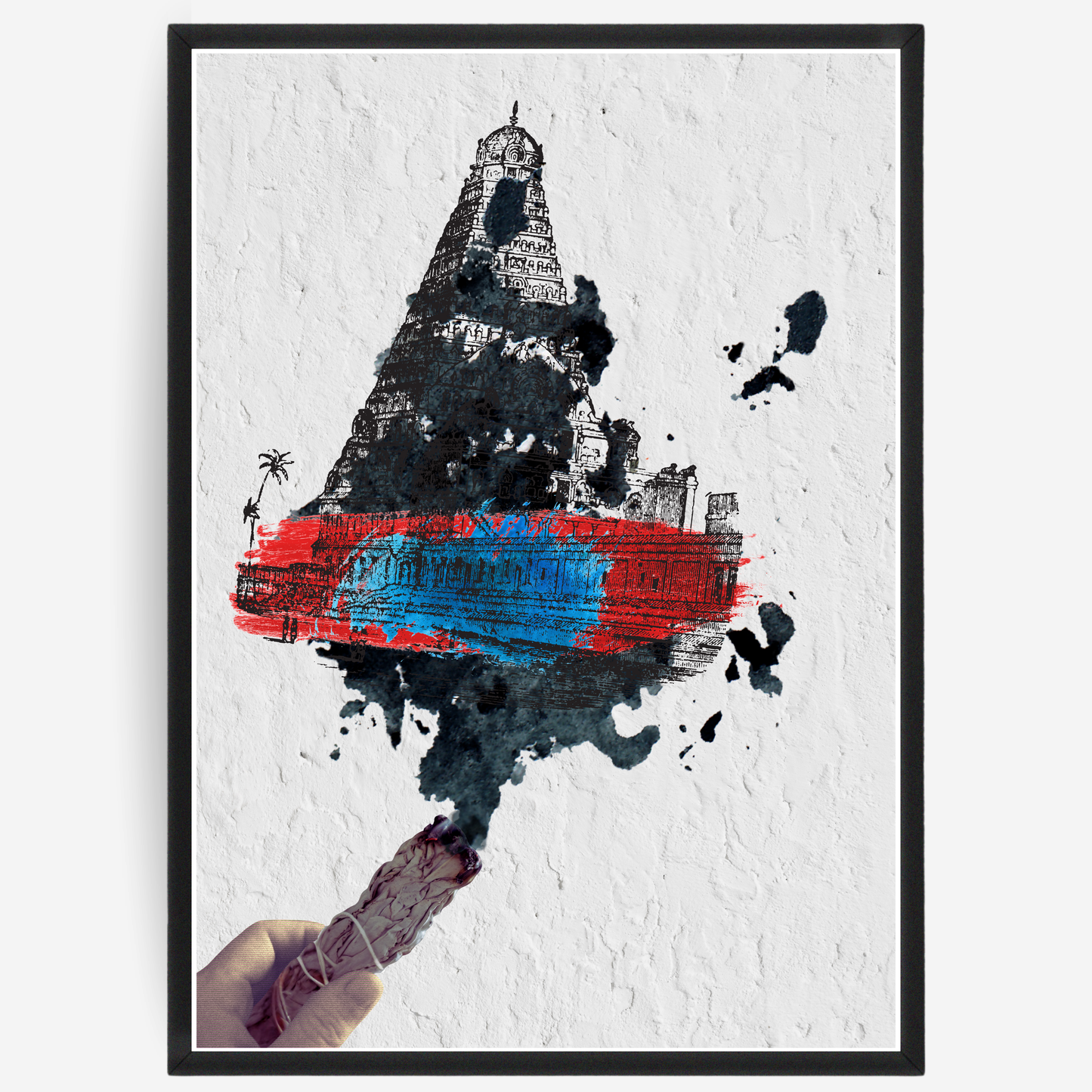 Surreal poster of a smuding ritual with abstract black, red, and blue brush strokes on a textured white background.