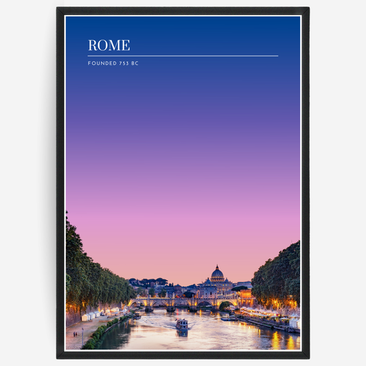 Rome cityscape poster with a pink-to-blue gradient sky and text elements showing the city name and the year it was founded.