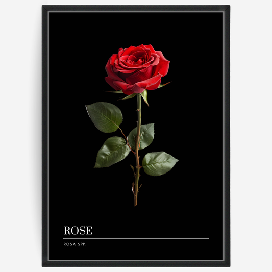 Botanical poster featuring a red rose on a black background with a grey passepartout and text elements showing the English and Latin plant name.