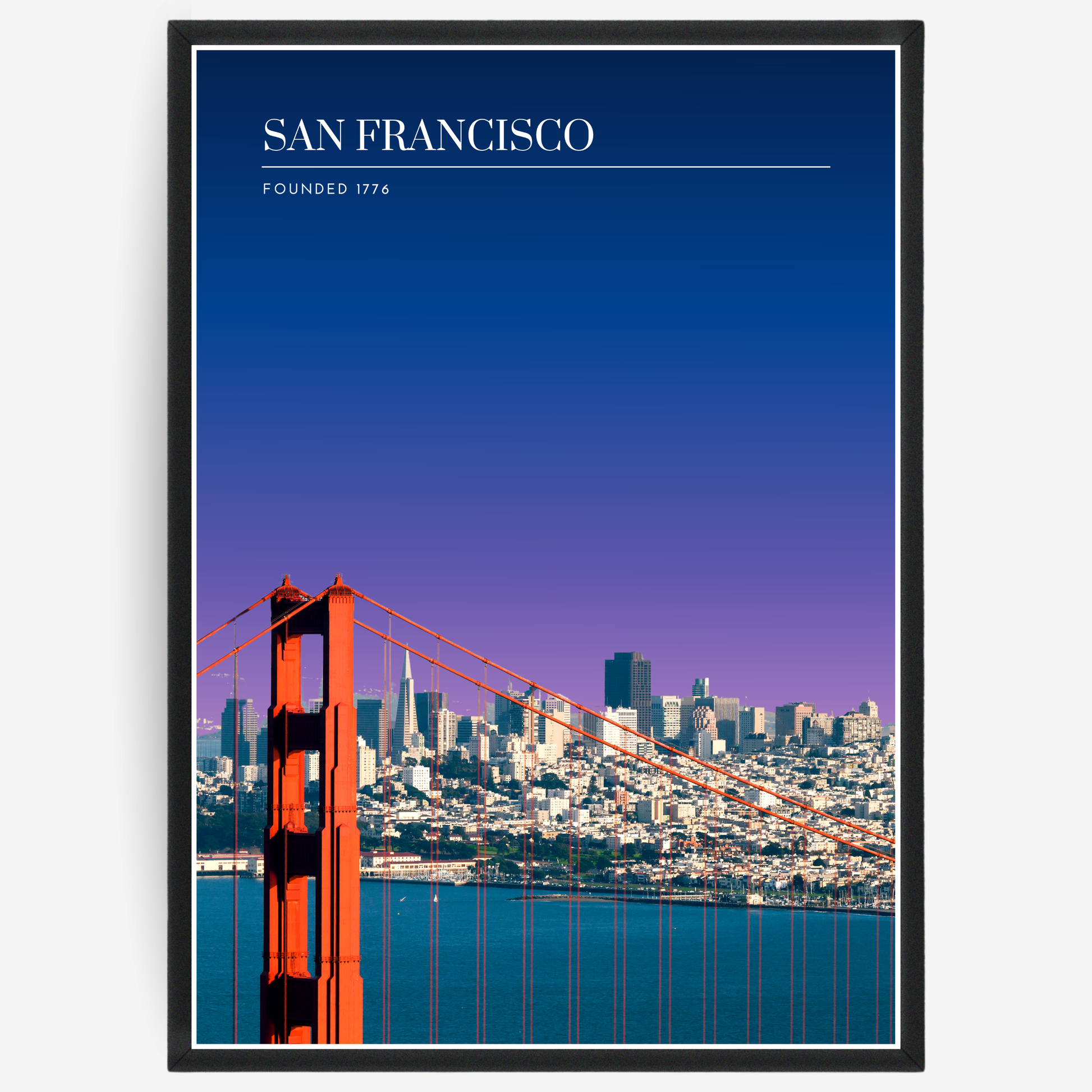 San Fransisco cityscape poster with a pink-to-blue gradient sky and text elements showing the city name and the year it was founded.