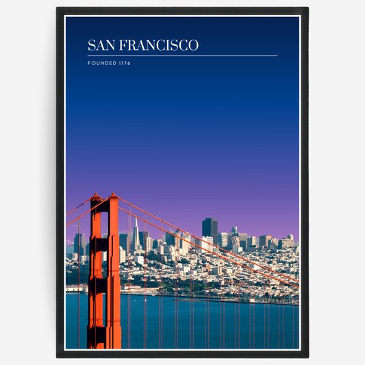 San Fransisco cityscape poster with a pink-to-blue gradient sky and text elements showing the city name and the year it was founded.