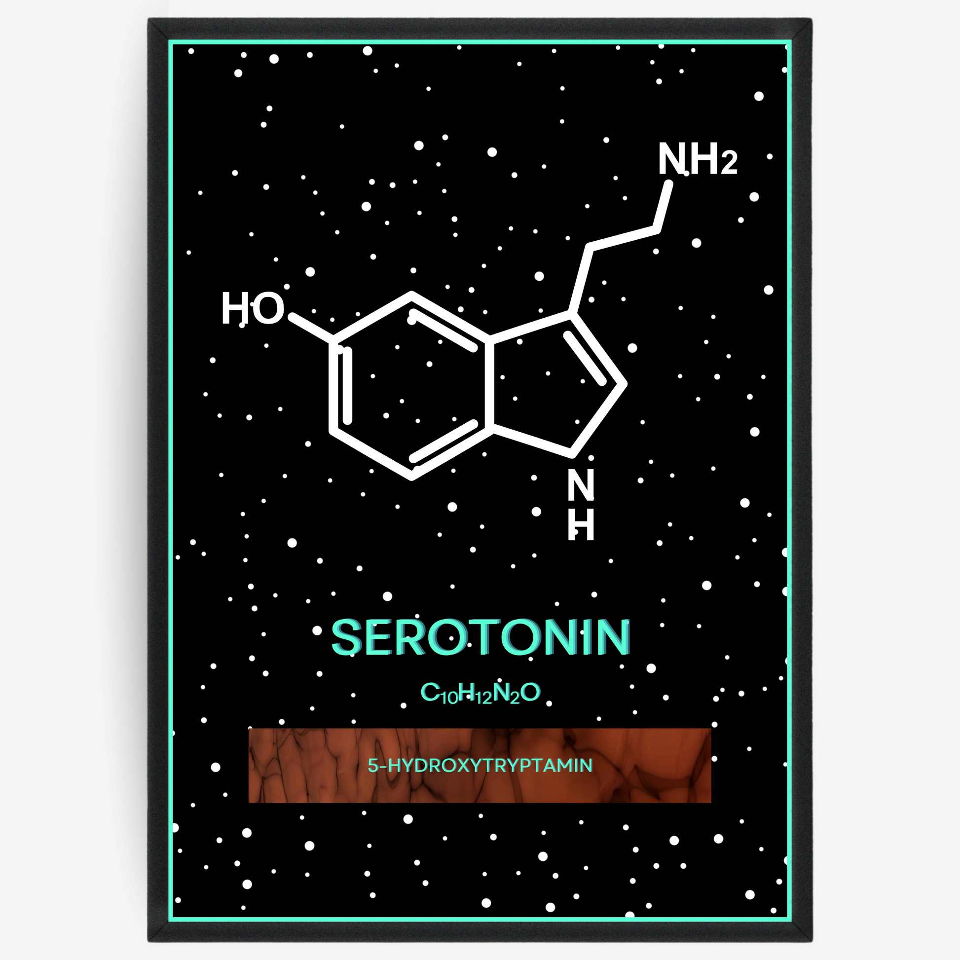 Chemistry poster showing the 2D molecular structure of serotonin on a black background with white dots and turquoise passepartout, including text elements of the molecule name, molecular formula and IUPAC name.