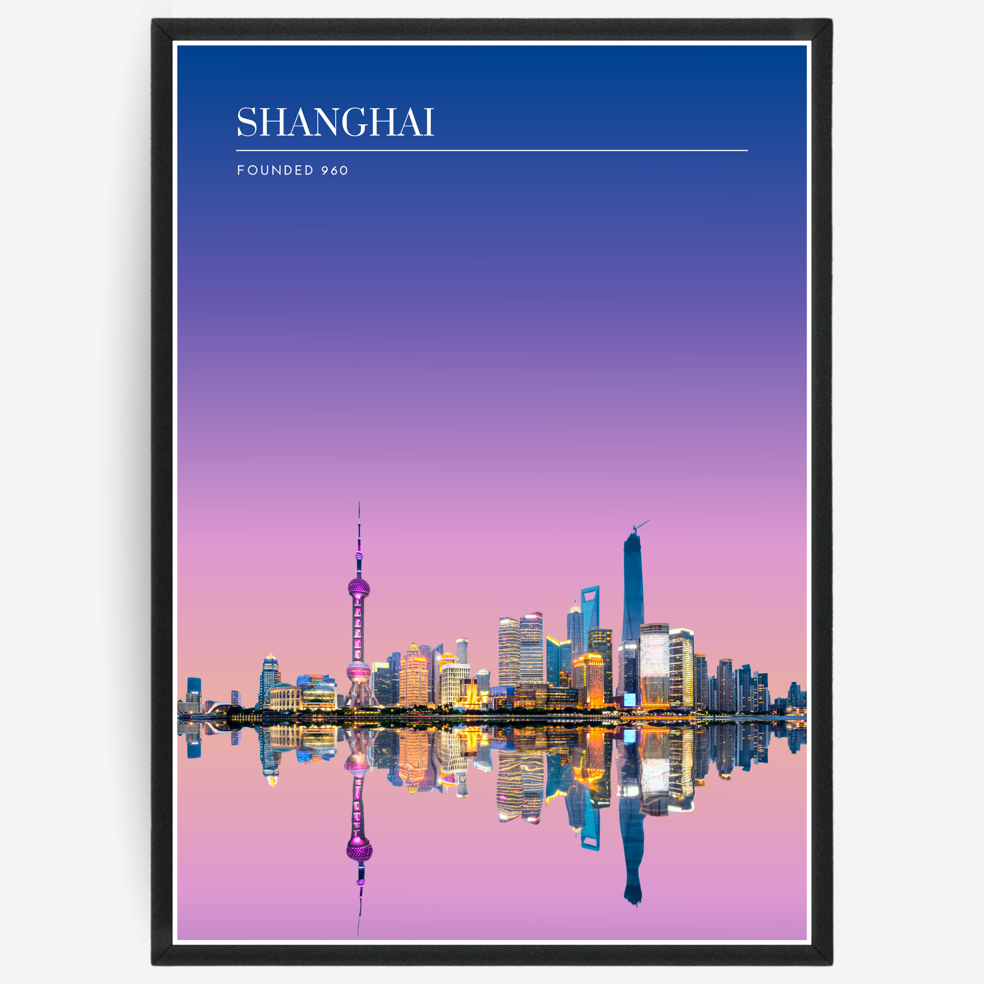 Shanghai cityscape skyline poster with a pink-to-blue gradient sky and text elements showing the city name and the year it was founded.