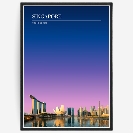 Singapore skyline poster with a pink-to-blue gradient sky and text elements showing the city name and the year it was founded.