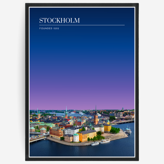 Stockholm cityscape poster with a pink-to-blue gradient sky and text elements showing the city name and the year it was founded.