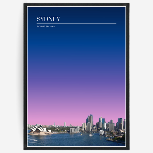 Sydney cityscape poster with a pink-to-blue gradient sky and text elements showing the city name and the year it was founded.