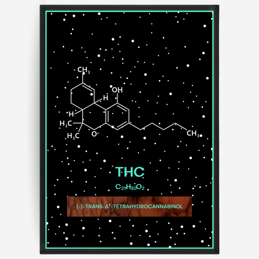 Chemistry poster showing the 2D molecular structure of THC on a black background with white dots and turquoise passepartout, including text elements of the molecule name, molecular formula and IUPAC name.