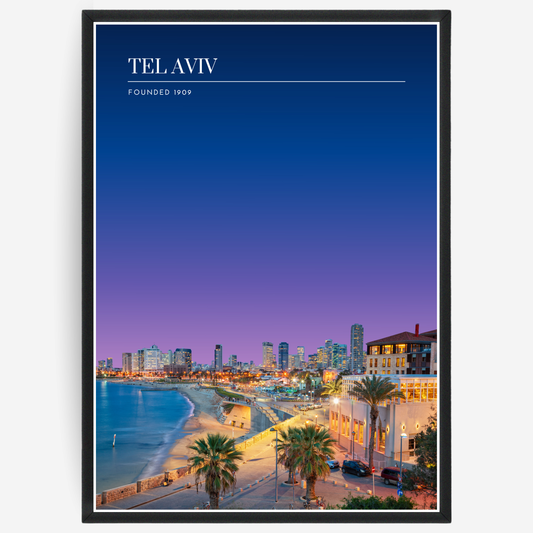 Tel Aviv cityscape poster with a pink-to-blue gradient sky and text elements showing the city name and the year it was founded.