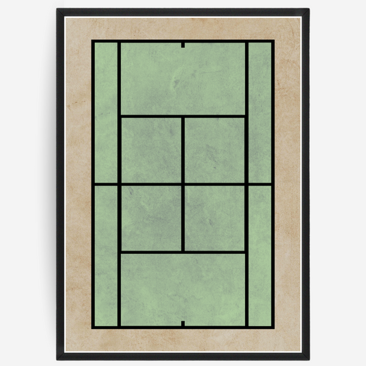 Poster of an artwork of a tennis court design on a beige background
