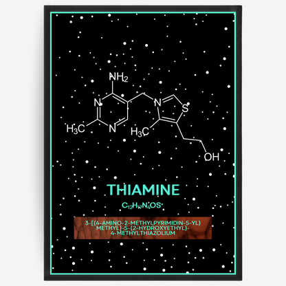 Chemistry poster showing the 2D molecular structure of thiamine on a black background with white dots and turquoise passepartout, including text elements of the molecule name, molecular formula and IUPAC name.
