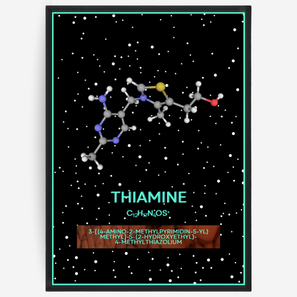 Chemistry poster showing the 3D molecular structure of thiamine on a black background with white dots and turquoise passepartout, including text elements of the molecule name, molecular formula and IUPAC name.