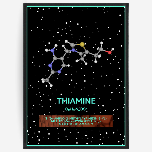 Chemistry poster showing the 3D molecular structure of thiamine on a black background with white dots and turquoise passepartout, including text elements of the molecule name, molecular formula and IUPAC name.