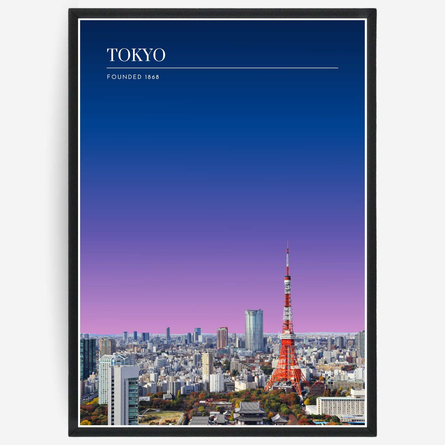 Tokyo skyline poster with a pink-to-blue gradient sky and text elements showing the city name and the year it was founded.