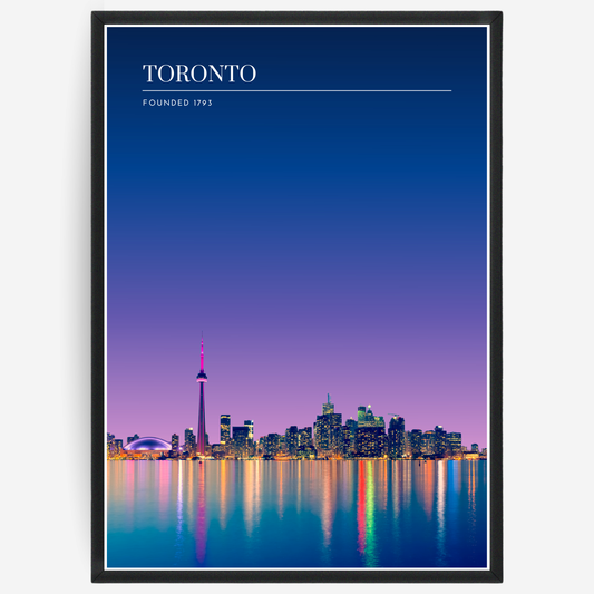 Toronto skyline poster with a pink-to-blue gradient sky and text elements showing the city name and the year it was founded.