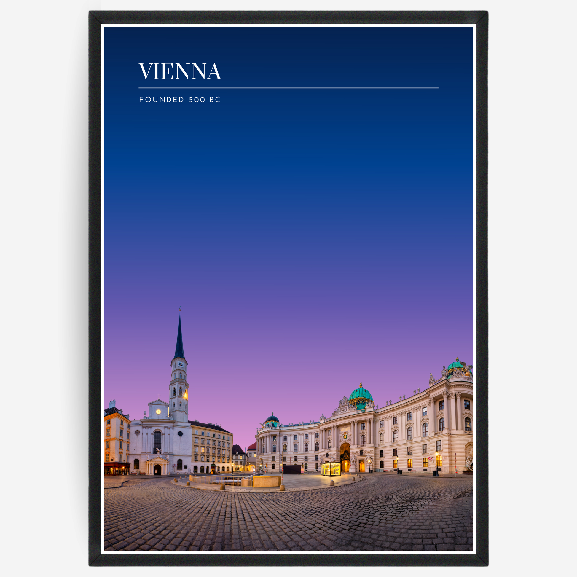 Vienna skyline poster with a pink-to-blue gradient sky and text elements showing the city name and the year it was founded.