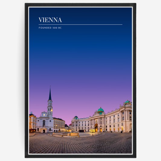Vienna skyline poster with a pink-to-blue gradient sky and text elements showing the city name and the year it was founded.