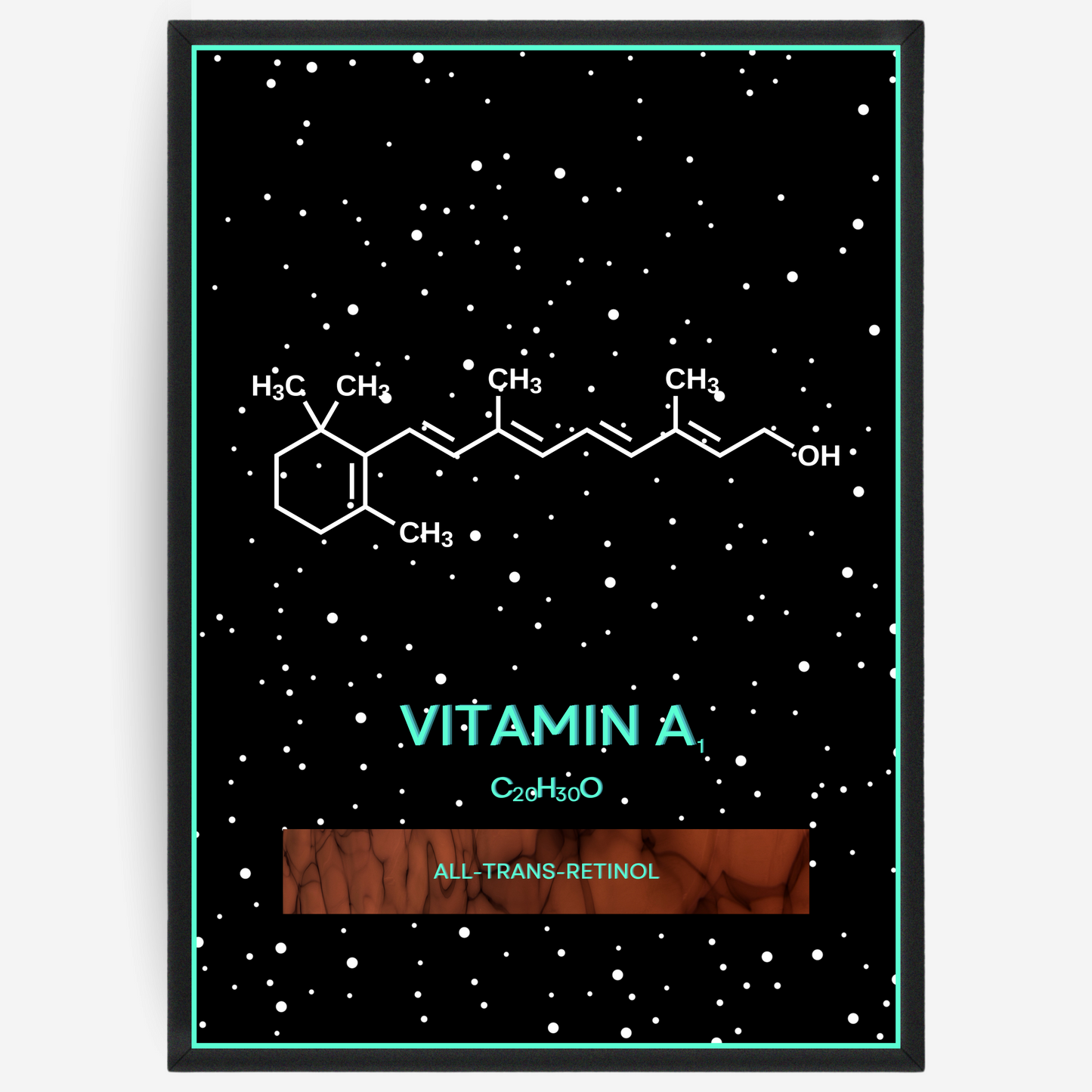 Chemistry poster showing the 2D molecular structure of vitamin A1 on a black background with white dots and turquoise passepartout, including text elements of the molecule name, molecular formula and IUPAC name.