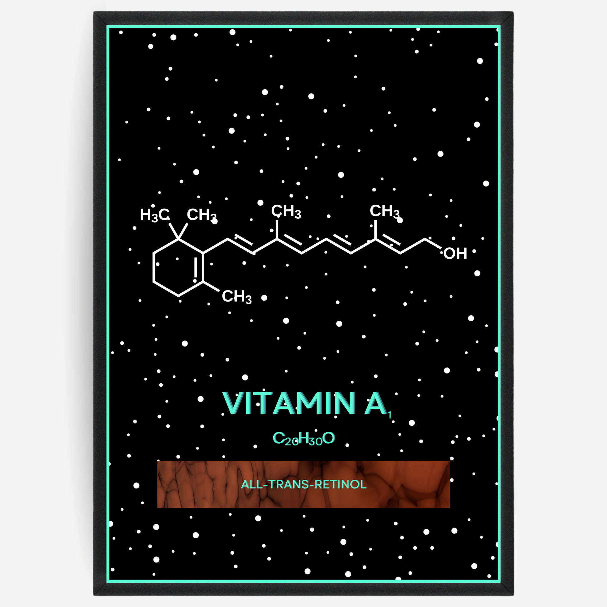 Chemistry poster showing the 2D molecular structure of vitamin A1 on a black background with white dots and turquoise passepartout, including text elements of the molecule name, molecular formula and IUPAC name.