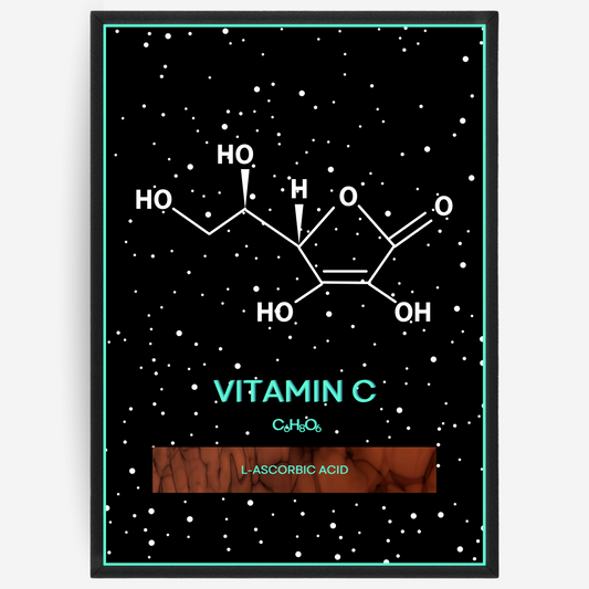 Chemistry poster showing the 2D molecular structure of vitamin C on a black background with white dots and turquoise passepartout, including text elements of the molecule name, molecular formula and IUPAC name.