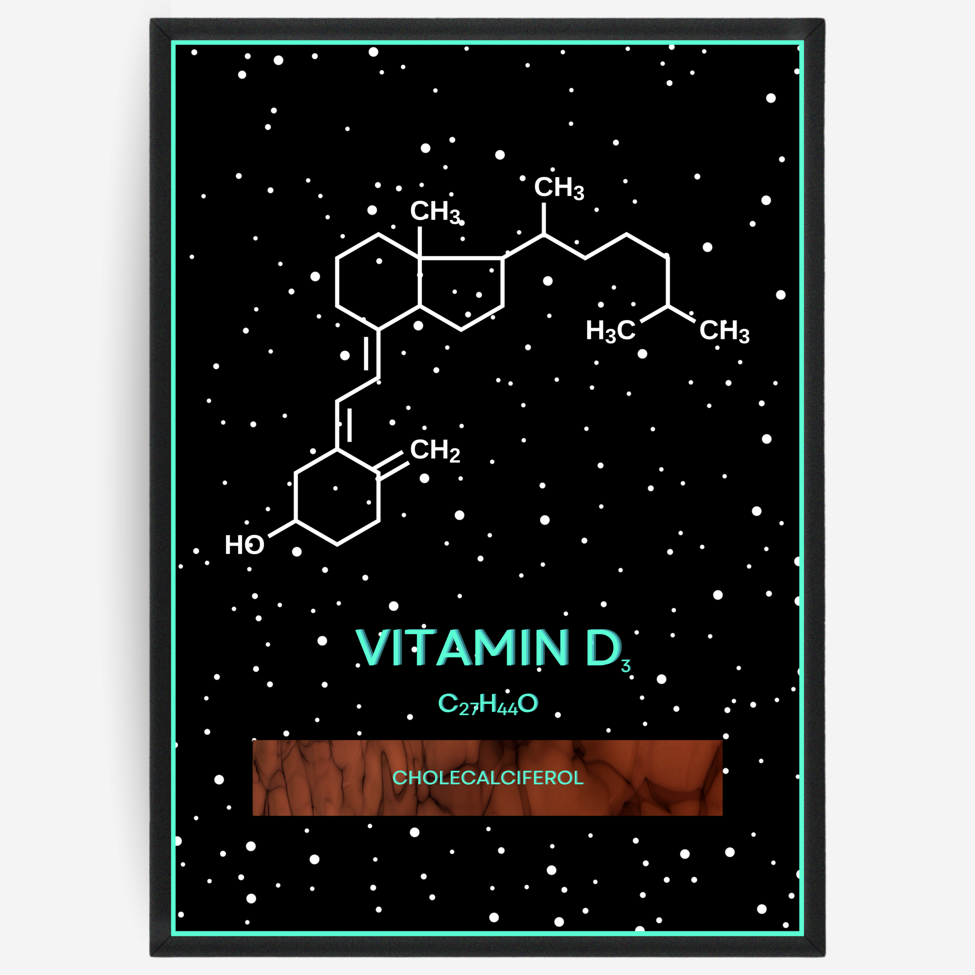 Chemistry poster showing the 2D molecular structure of vitamin D3 on a black background with white dots and turquoise passepartout, including text elements of the molecule name, molecular formula and IUPAC name.