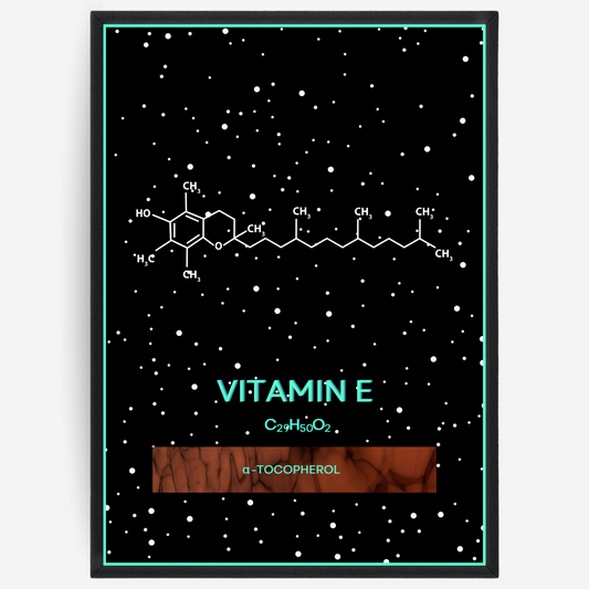 Chemistry poster showing the 2D molecular structure of vitamin E on a black background with white dots and turquoise passepartout, including text elements of the molecule name, molecular formula and IUPAC name.