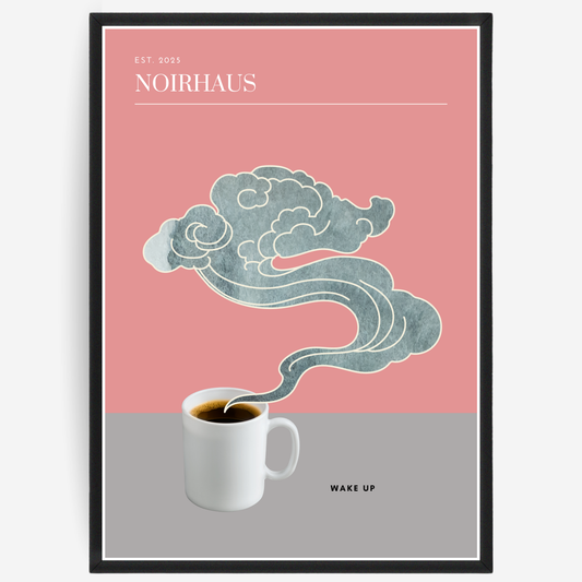 Poster with a coffee cup and steam on a pink and gray background, with a signature at the top.