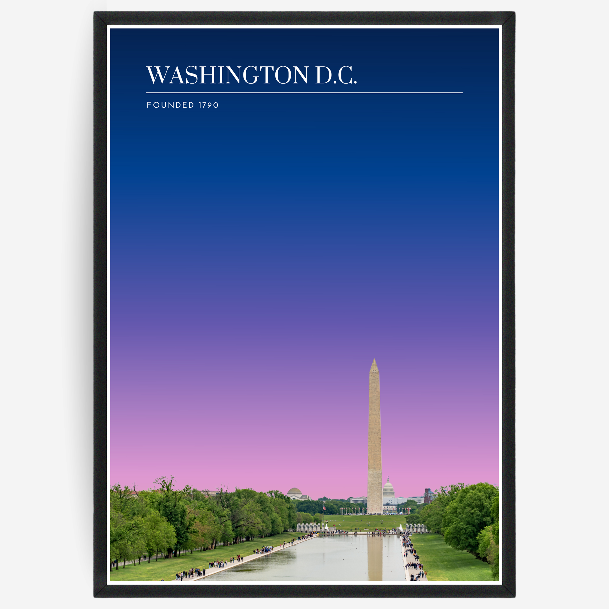 Washington monument poster with a pink-to-blue gradient sky and text elements showing the city name and the year it was founded.