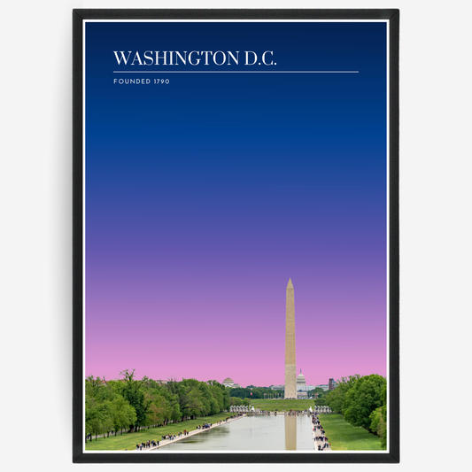 Washington monument poster with a pink-to-blue gradient sky and text elements showing the city name and the year it was founded.