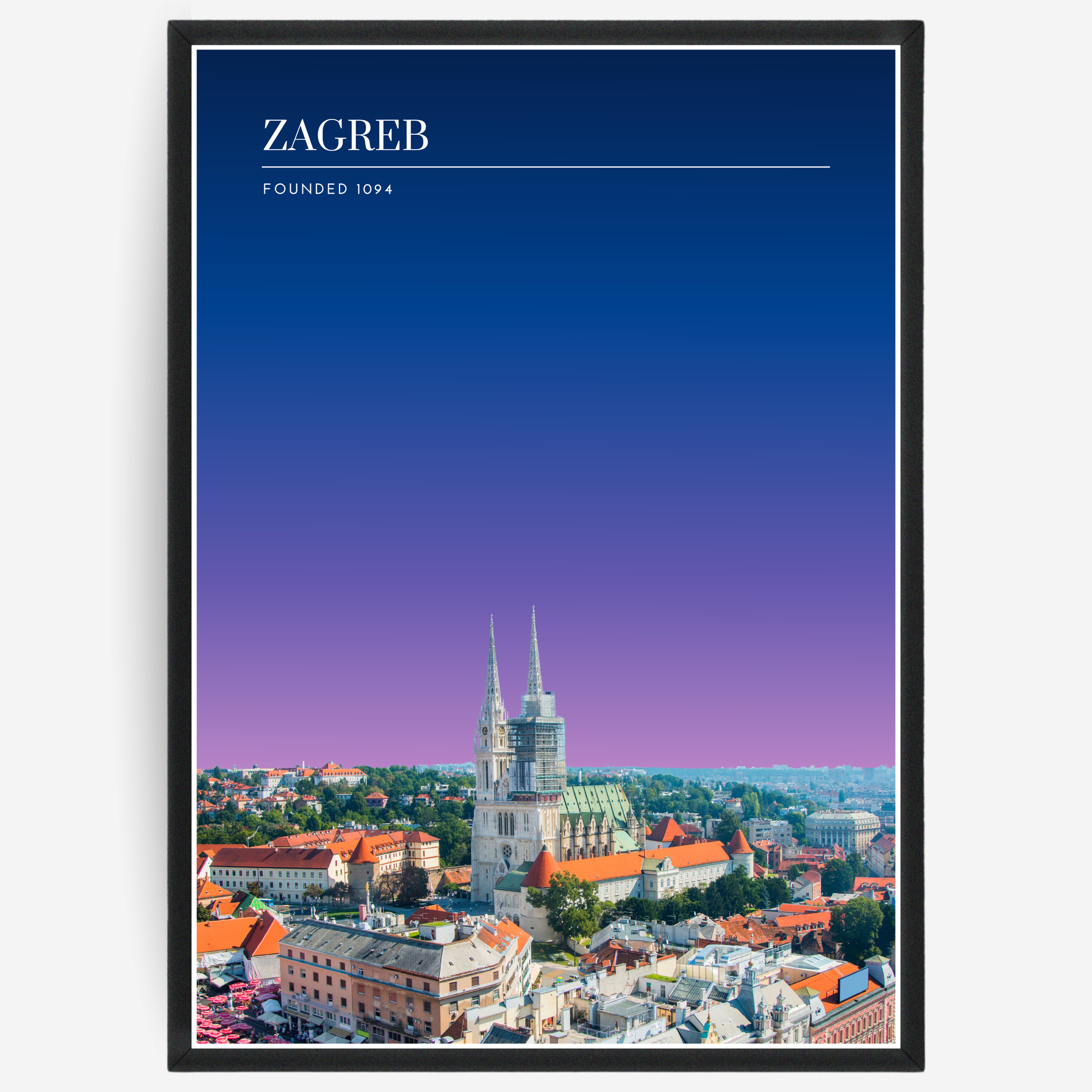 Zagreb cityscape poster with a pink-to-blue gradient sky and text elements showing the city name and the year it was founded.