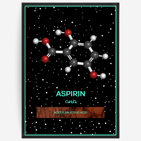 Chemistry poster showing the 3D molecular structure of aspirin on a black background with white dots and turquoise passepartout, including text elements of the molecule name, molecular formula and IUPAC name.