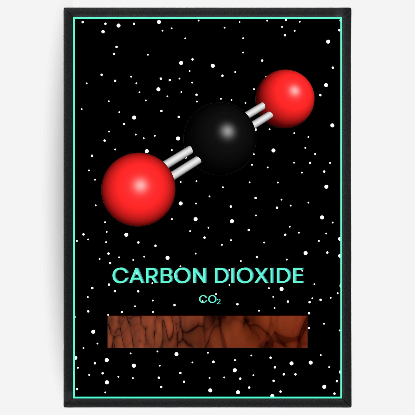 Chemistry poster showing the 3D molecular structure of carbon dioxide on a black background with white dots and turquoise passepartout, including text elements of the molecule name, molecular formula and IUPAC name.