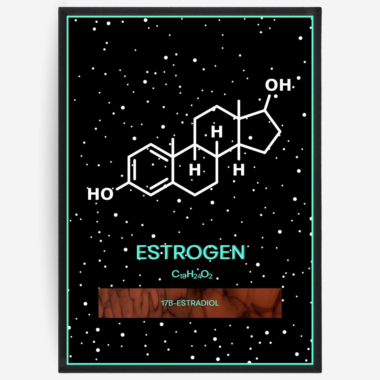 Chemistry poster showing the 2D molecular structure of estrogen on a black background with white dots and turquoise passepartout, including text elements of the molecule name, molecular formula and IUPAC name.