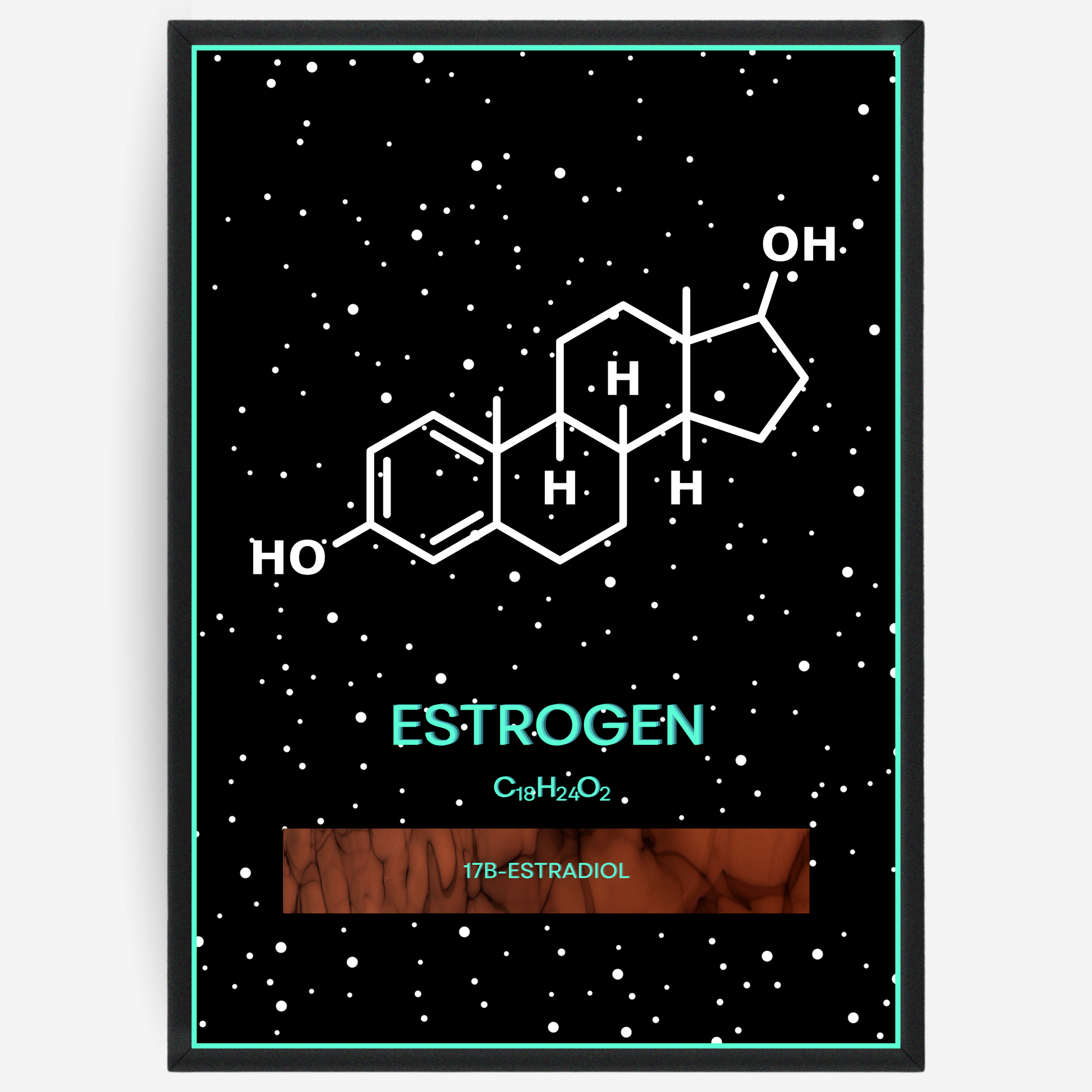 Chemistry poster showing the 2D molecular structure of estrogen on a black background with white dots and turquoise passepartout, including text elements of the molecule name, molecular formula and IUPAC name.