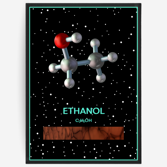 Chemistry poster showing the 3D molecular structure of ethanol on a black background with white dots and turquoise passepartout, including text elements of the molecule name, molecular formula and IUPAC name.