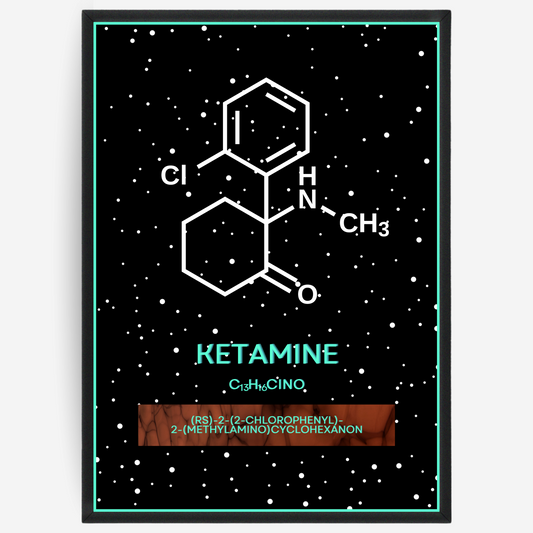 Chemistry poster showing the 2D molecular structure of ketamine on a black background with white dots and turquoise passepartout, including text elements of the molecule name, molecular formula and IUPAC name.